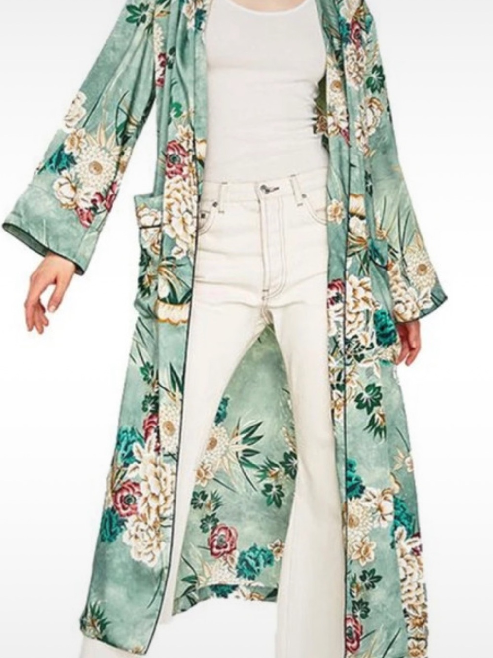 Boohoo Sage Green Floral  Long Kimono